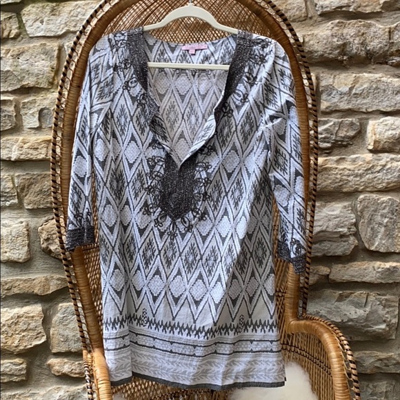 Calypso St. Barth Tops - Calypso St. Barth White and Black Patterned Tunic